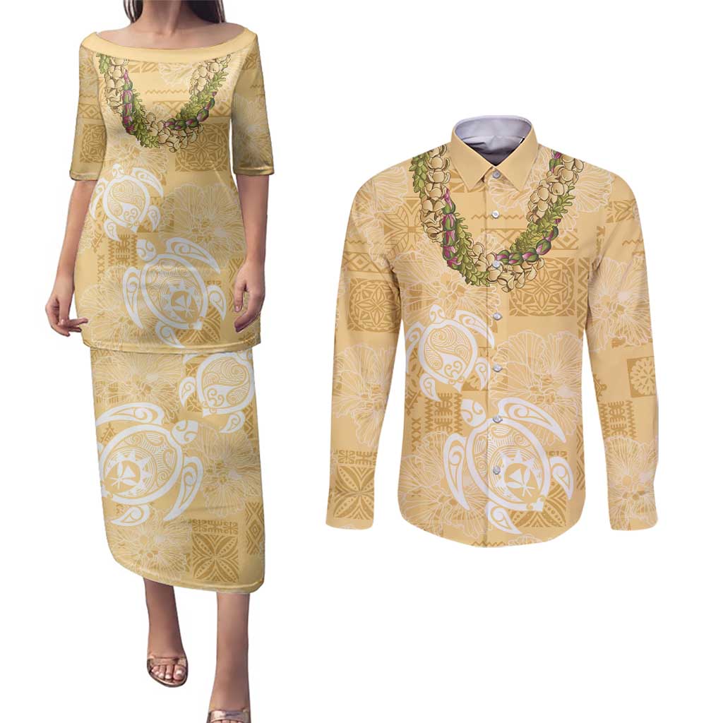 Aloha Honolulu Festival Couples Matching Puletasi and Long Sleeve Button Shirt Hawaii Kapa Mix Flowers Lei LT7 Yellow - Polynesian Pride