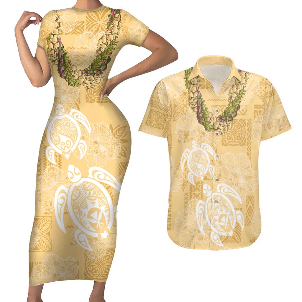 Aloha Honolulu Festival Couples Matching Short Sleeve Bodycon Dress and Hawaiian Shirt Hawaii Kapa Mix Flowers Lei LT7 Yellow - Polynesian Pride