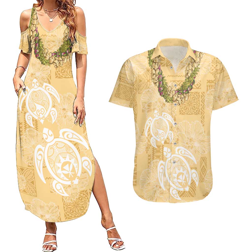 Aloha Honolulu Festival Couples Matching Summer Maxi Dress and Hawaiian Shirt Hawaii Kapa Mix Flowers Lei LT7 Yellow - Polynesian Pride