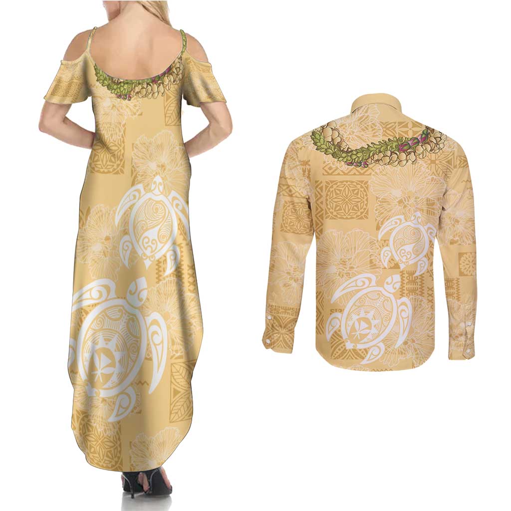 Aloha Honolulu Festival Couples Matching Summer Maxi Dress and Long Sleeve Button Shirt Hawaii Kapa Mix Flowers Lei LT7 - Polynesian Pride