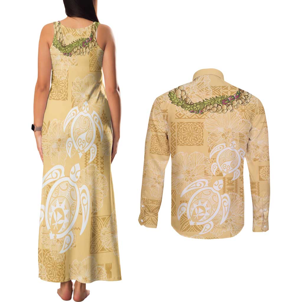 Aloha Honolulu Festival Couples Matching Tank Maxi Dress and Long Sleeve Button Shirt Hawaii Kapa Mix Flowers Lei LT7 - Polynesian Pride