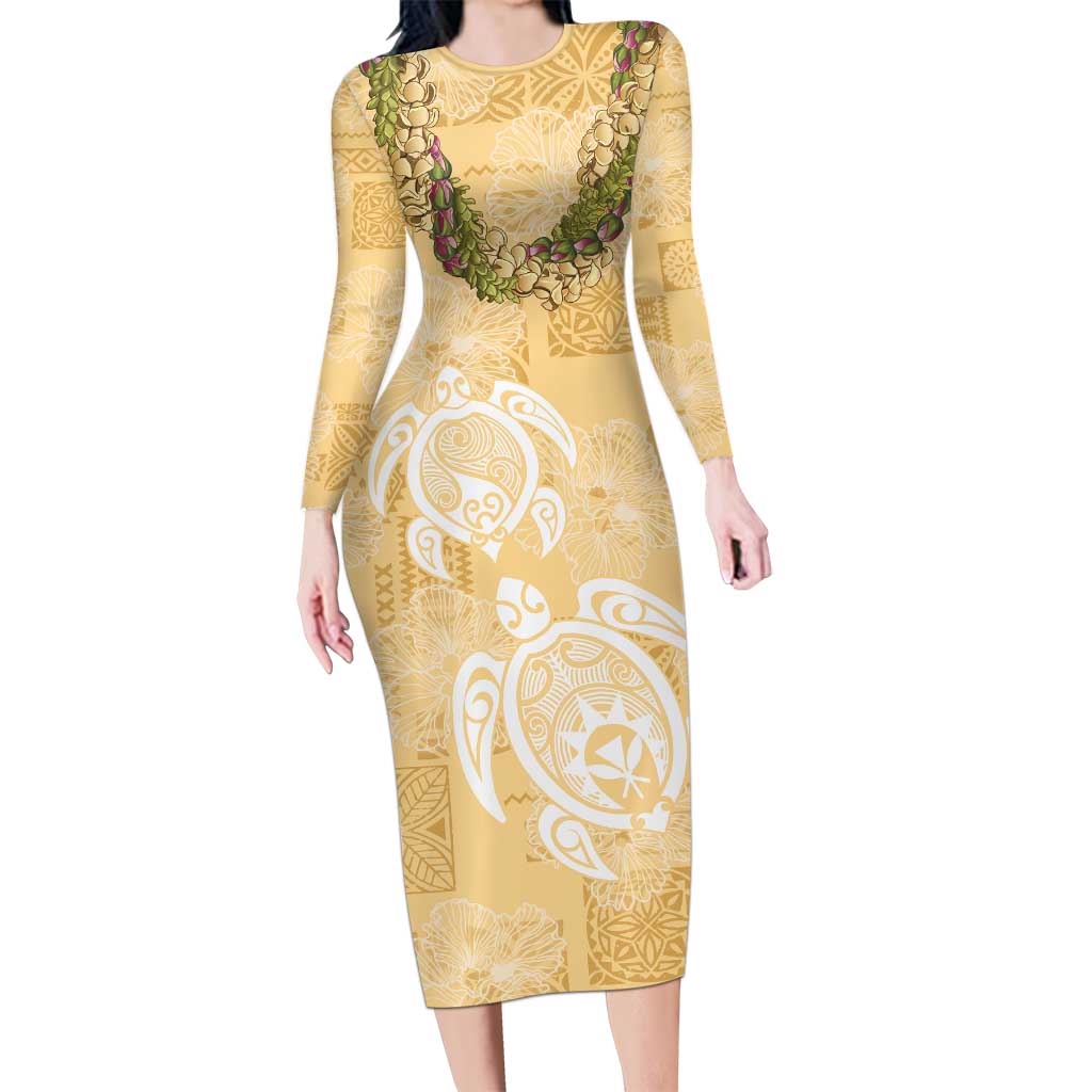 Aloha Honolulu Festival Family Matching Long Sleeve Bodycon Dress and Hawaiian Shirt Hawaii Kapa Mix Flowers Lei LT7 Mom's Dress Yellow - Polynesian Pride