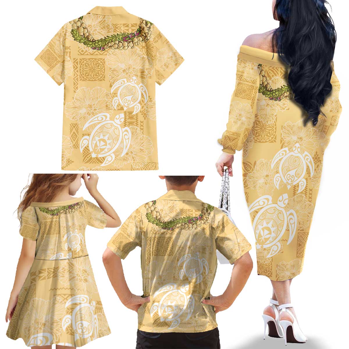 Aloha Honolulu Festival Family Matching Off The Shoulder Long Sleeve Dress and Hawaiian Shirt Hawaii Kapa Mix Flowers Lei LT7 - Polynesian Pride