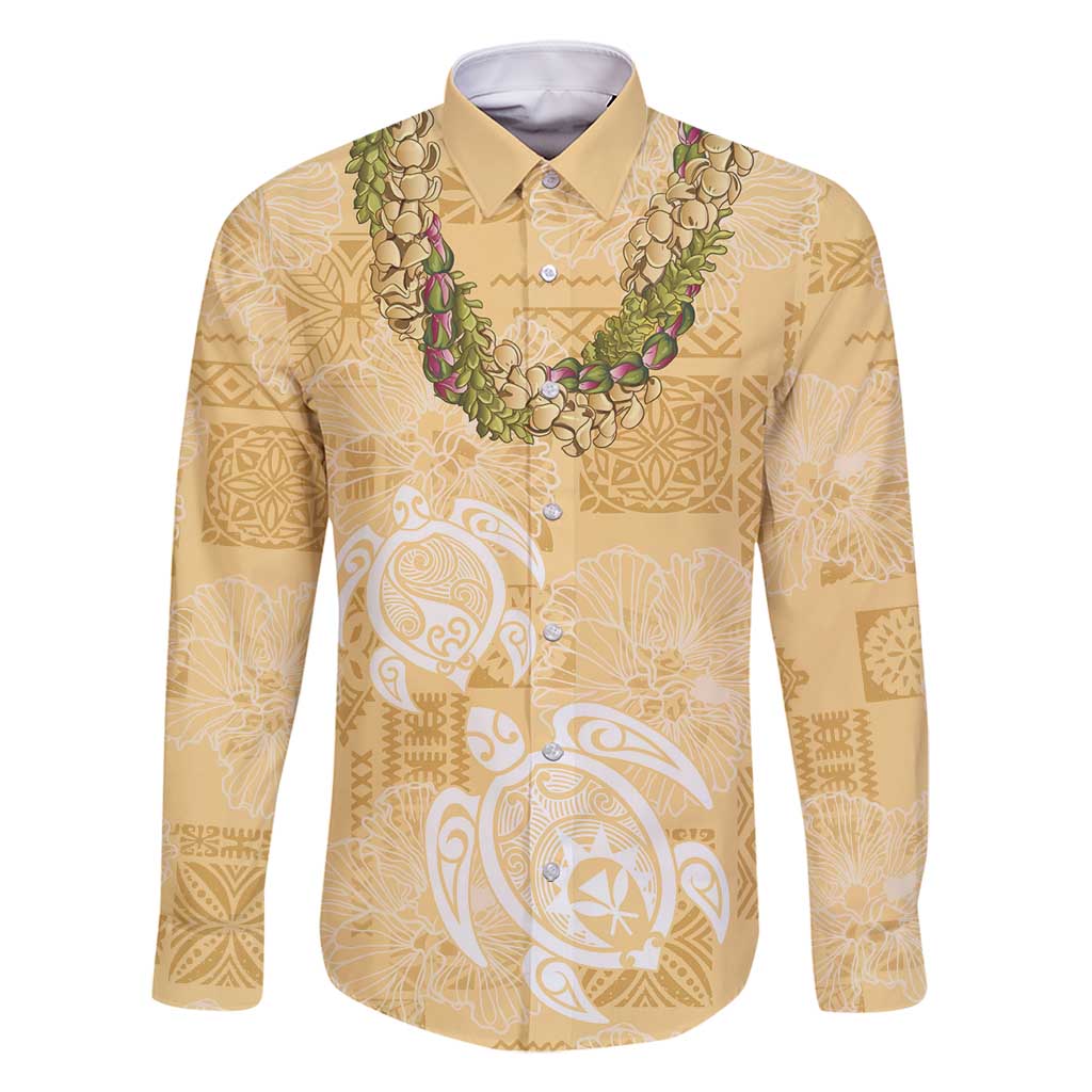 Aloha Honolulu Festival Family Matching Off Shoulder Maxi Dress and Hawaiian Shirt Hawaii Kapa Mix Flowers Lei LT7 Dad's Shirt - Long Sleeve Yellow - Polynesian Pride