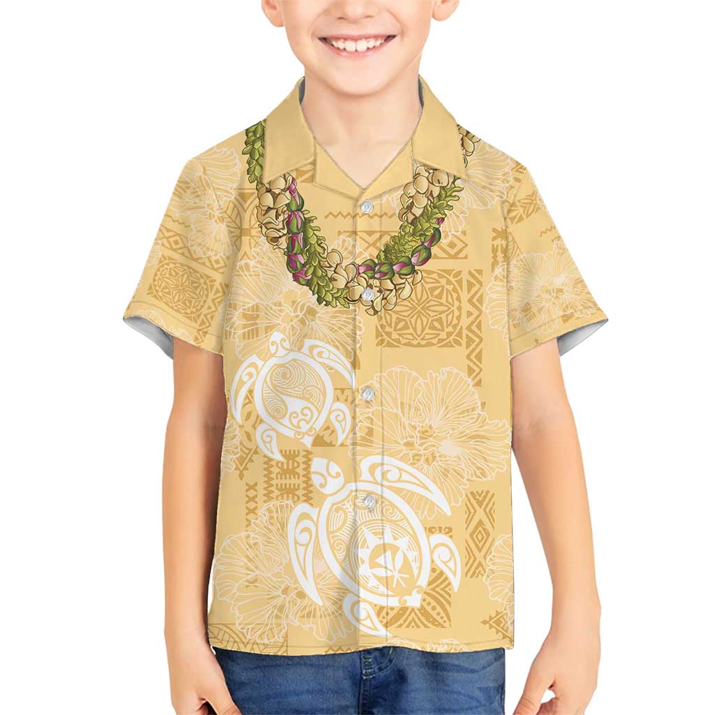 Aloha Honolulu Festival Family Matching Off Shoulder Maxi Dress and Hawaiian Shirt Hawaii Kapa Mix Flowers Lei LT7 Son's Shirt Yellow - Polynesian Pride
