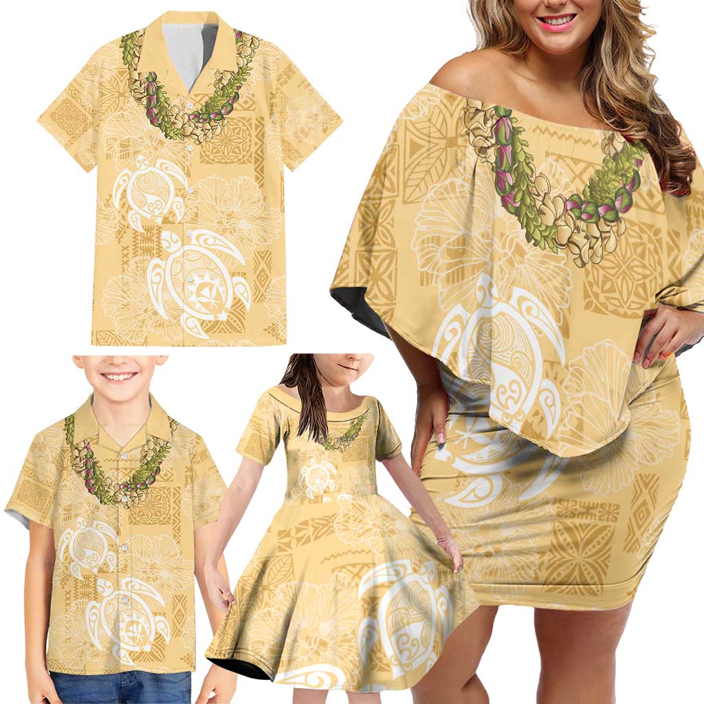 Aloha Honolulu Festival Family Matching Off Shoulder Short Dress and Hawaiian Shirt Hawaii Kapa Mix Flowers Lei LT7 - Polynesian Pride