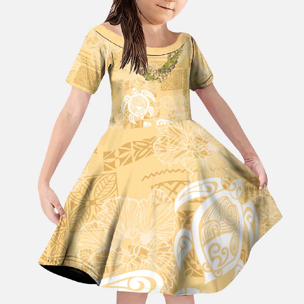 Aloha Honolulu Festival Family Matching Short Sleeve Bodycon Dress and Hawaiian Shirt Hawaii Kapa Mix Flowers Lei LT7 Daughter's Dress Yellow - Polynesian Pride