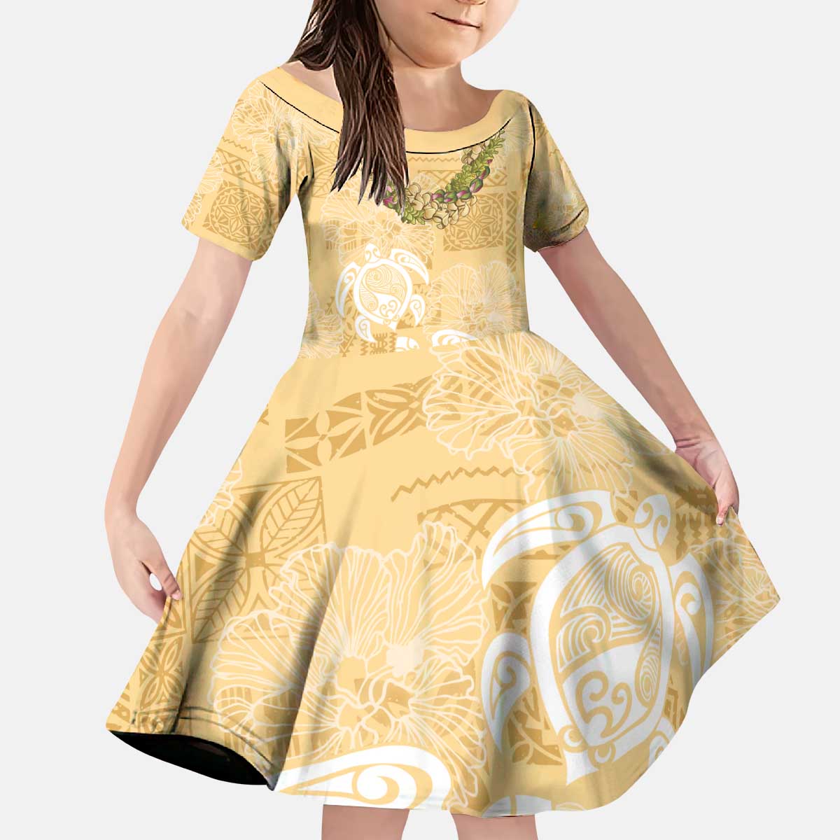 Aloha Honolulu Festival Kid Short Sleeve Dress Hawaii Kapa Mix Flowers Lei LT7 KID Yellow - Polynesian Pride
