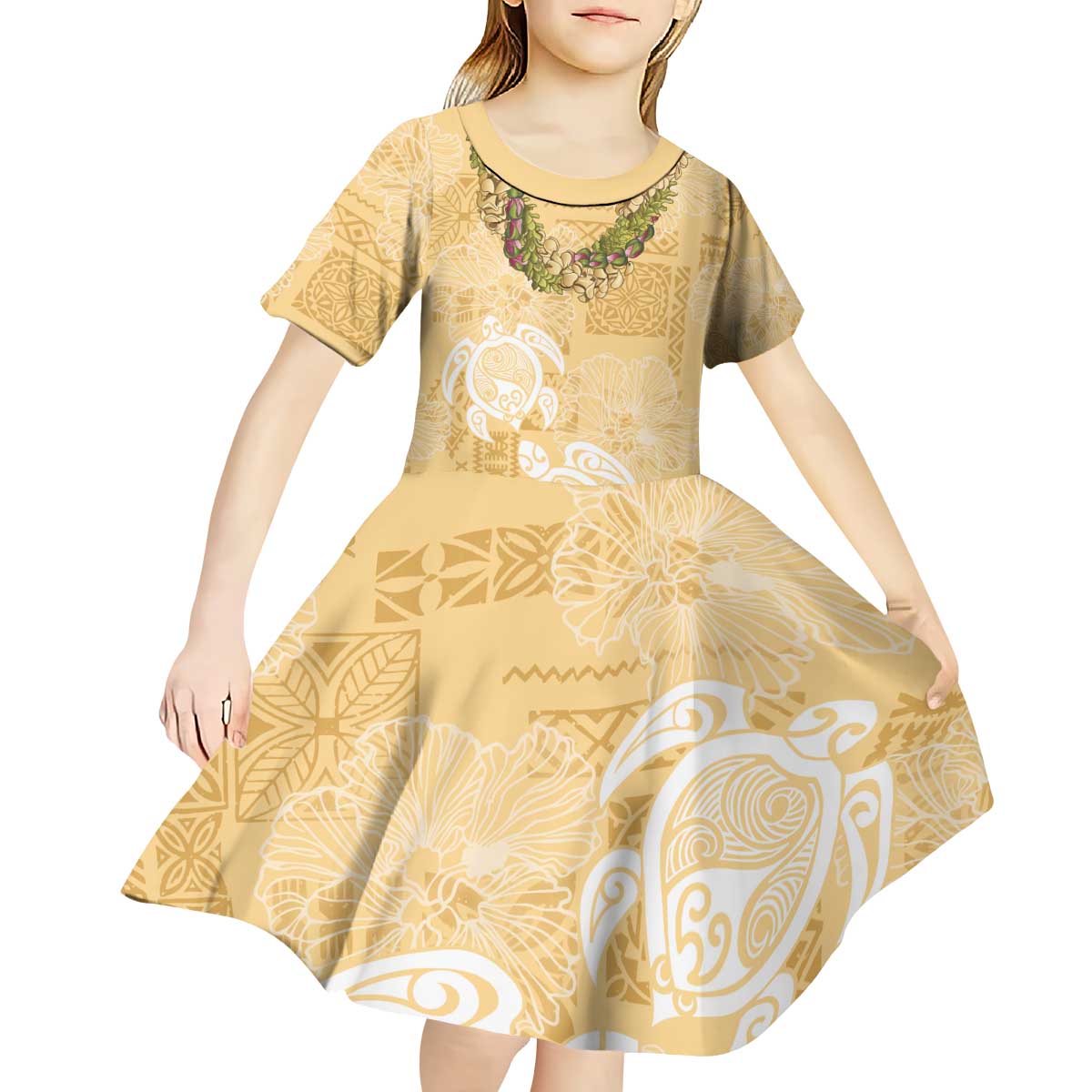 Aloha Honolulu Festival Kid Short Sleeve Dress Hawaii Kapa Mix Flowers Lei LT7 - Polynesian Pride