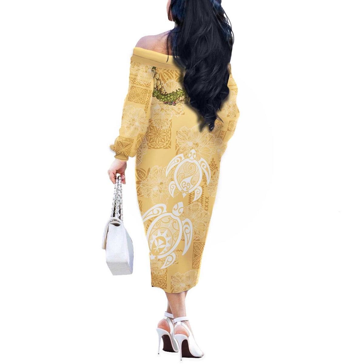 Aloha Honolulu Festival Off The Shoulder Long Sleeve Dress Hawaii Kapa Mix Flowers Lei LT7 - Polynesian Pride