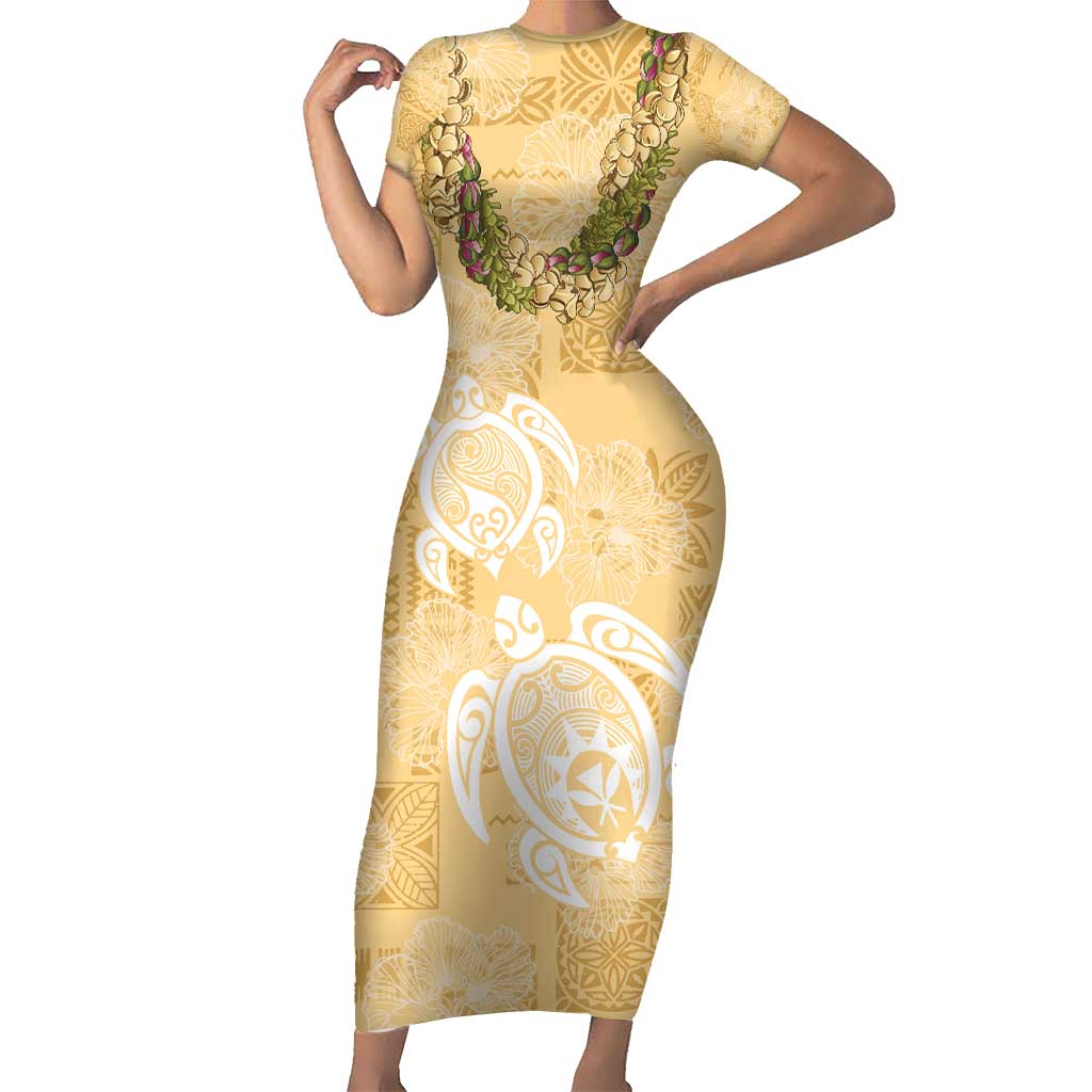 Aloha Honolulu Festival Short Sleeve Bodycon Dress Hawaii Kapa Mix Flowers Lei LT7 Long Dress Yellow - Polynesian Pride