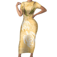 Aloha Honolulu Festival Short Sleeve Bodycon Dress Hawaii Kapa Mix Flowers Lei LT7 Long Dress Yellow - Polynesian Pride