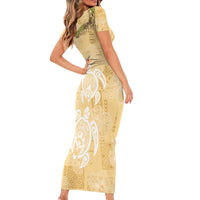 Aloha Honolulu Festival Short Sleeve Bodycon Dress Hawaii Kapa Mix Flowers Lei LT7 - Polynesian Pride
