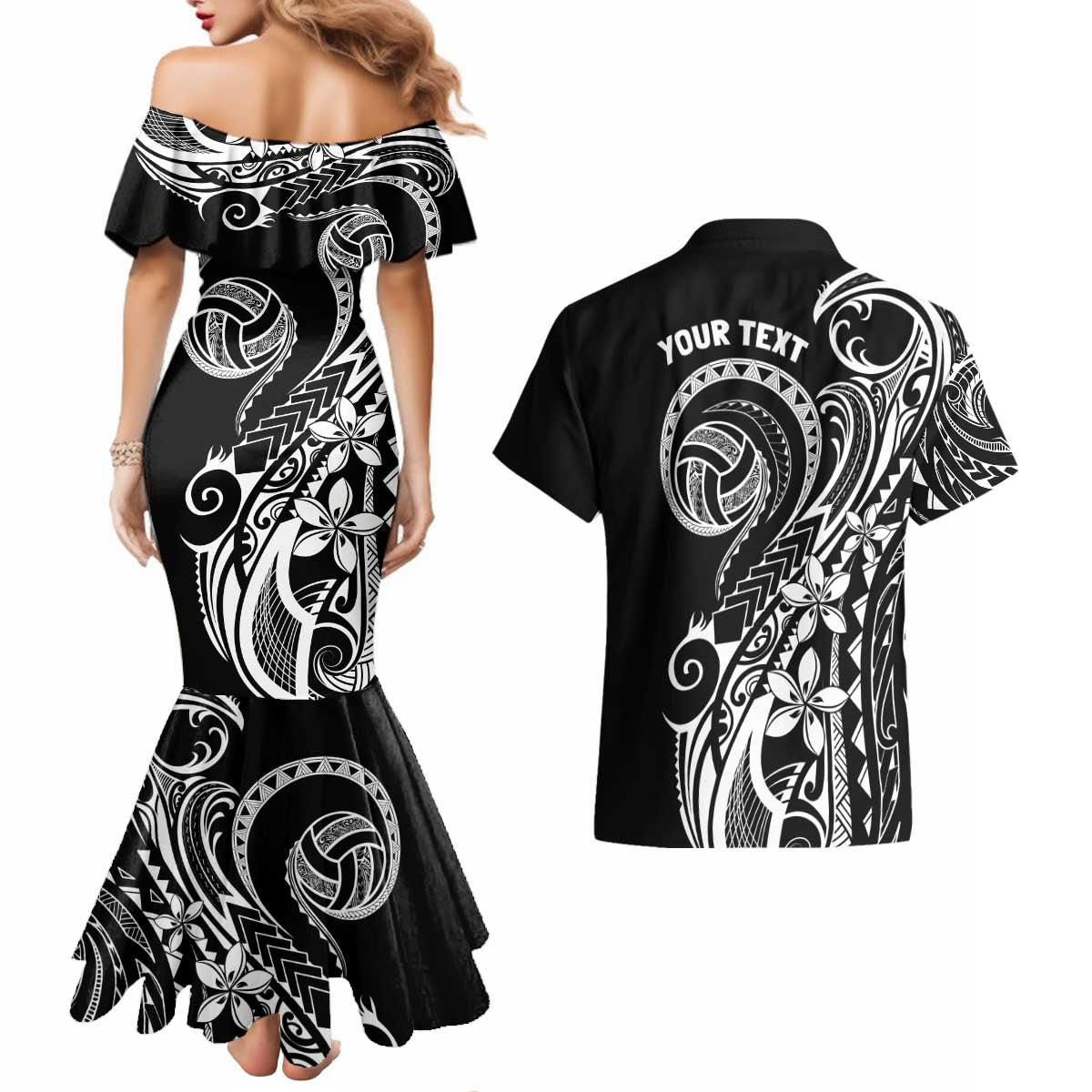 Polynesia Beach Volleyball Personalized Couples Matching Mermaid Dress and Hawaiian Shirt Basic