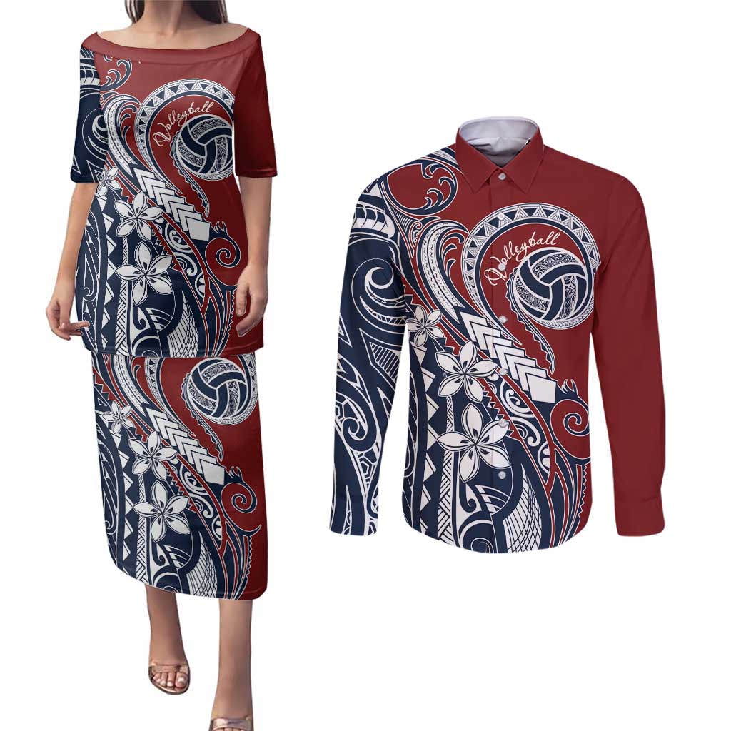 Polynesia Beach Volleyball Personalized Couples Matching Puletasi and Long Sleeve Button Shirt Special LT7 Red Blue - Polynesian Pride