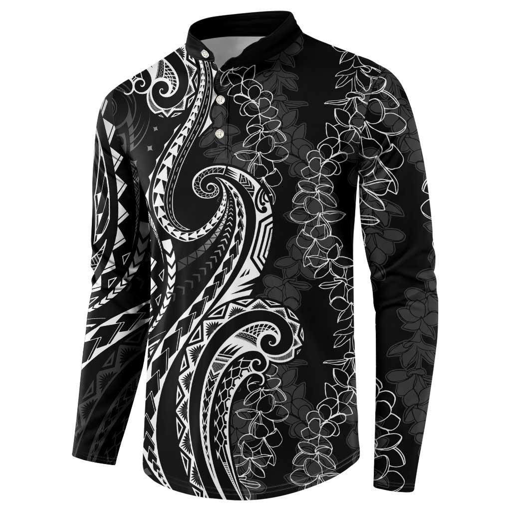 Polynesia Plumeria Lei Button Sweatshirt Black Curves Motif