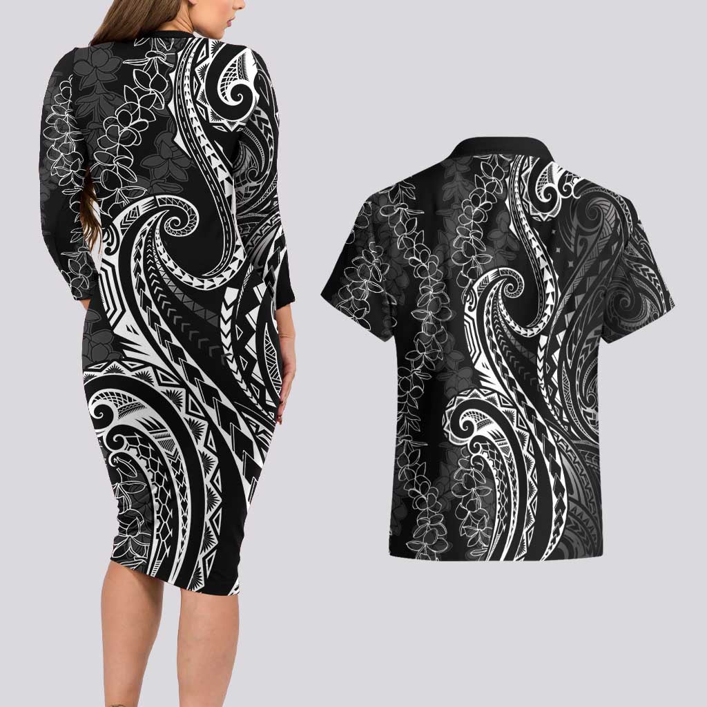 Polynesia Plumeria Lei Couples Matching Long Sleeve Bodycon Dress and Hawaiian Shirt Black Curves Motif LT7 - Polynesian Pride