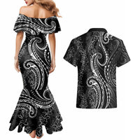 Polynesia Plumeria Lei Couples Matching Mermaid Dress and Hawaiian Shirt Black Curves Motif LT7 - Polynesian Pride