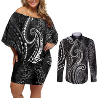 Polynesia Plumeria Lei Couples Matching Off Shoulder Short Dress and Long Sleeve Button Shirt Black Curves Motif