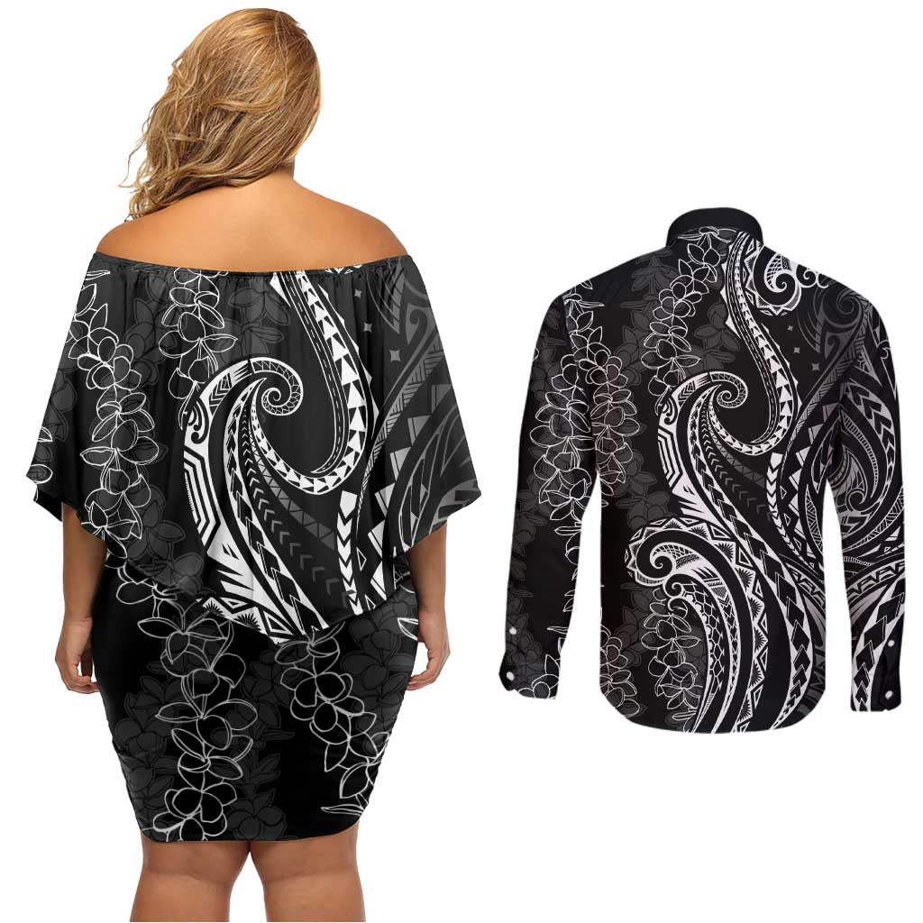 Polynesia Plumeria Lei Couples Matching Off Shoulder Short Dress and Long Sleeve Button Shirt Black Curves Motif