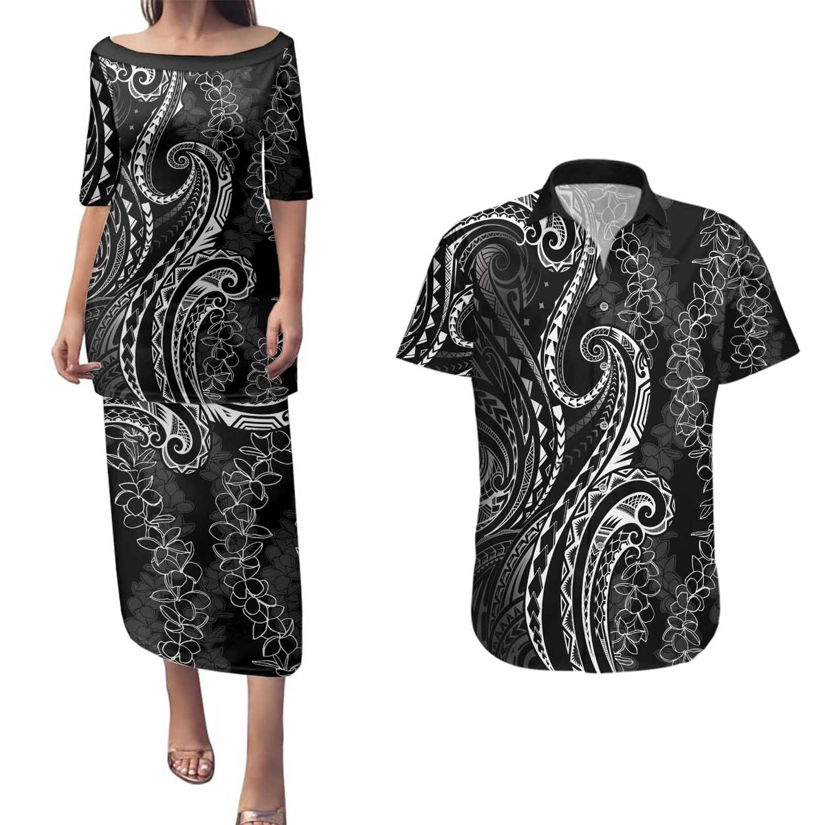 Polynesia Plumeria Lei Couples Matching Puletasi and Hawaiian Shirt Black Curves Motif