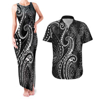 Polynesia Plumeria Lei Couples Matching Tank Maxi Dress and Hawaiian Shirt Black Curves Motif LT7 Black - Polynesian Pride