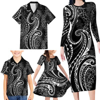 Polynesia Plumeria Lei Family Matching Long Sleeve Bodycon Dress and Hawaiian Shirt Black Curves Motif LT7 - Polynesian Pride