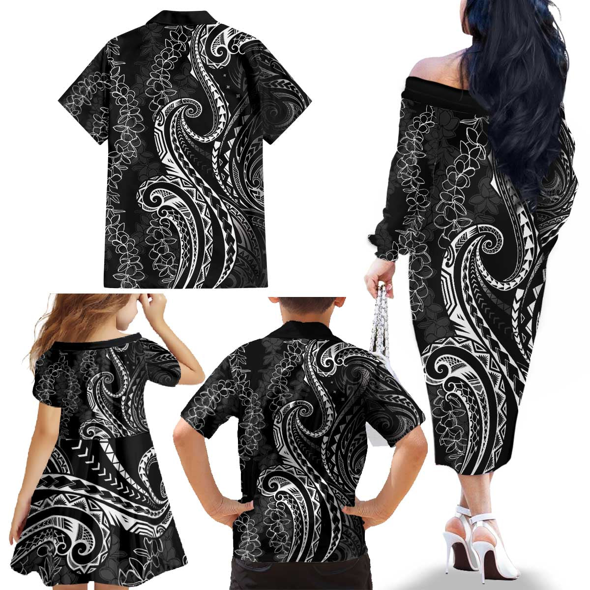 Polynesia Plumeria Lei Family Matching Off The Shoulder Long Sleeve Dress and Hawaiian Shirt Black Curves Motif LT7 - Polynesian Pride