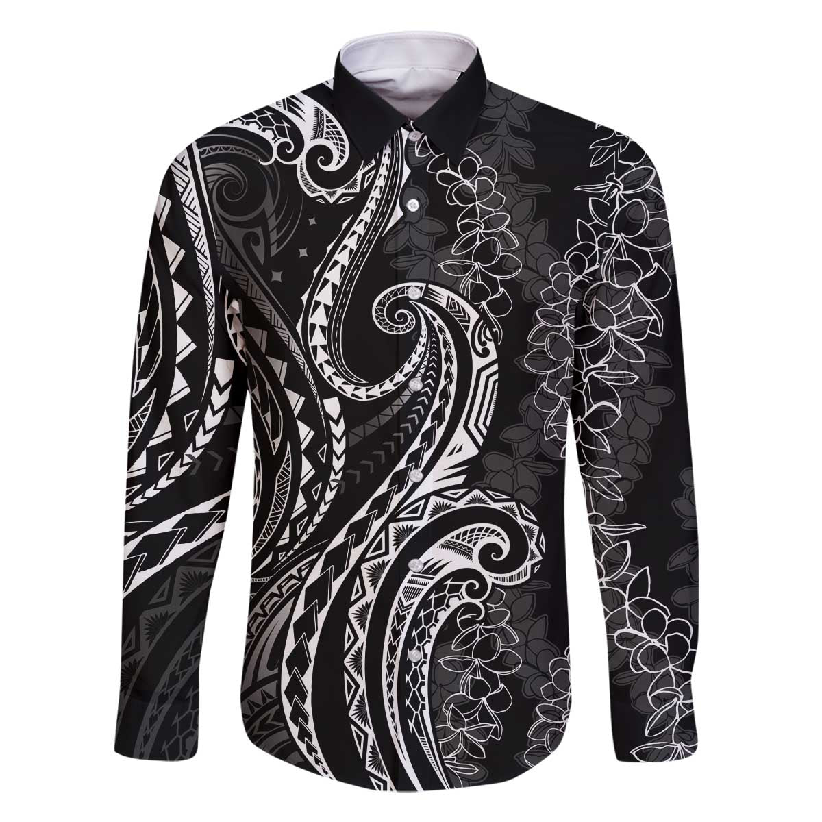 Polynesia Plumeria Lei Family Matching Off The Shoulder Long Sleeve Dress and Hawaiian Shirt Black Curves Motif LT7 Dad's Shirt - Long Sleeve Black - Polynesian Pride