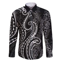 Polynesia Plumeria Lei Family Matching Off The Shoulder Long Sleeve Dress and Hawaiian Shirt Black Curves Motif LT7 Dad's Shirt - Long Sleeve Black - Polynesian Pride