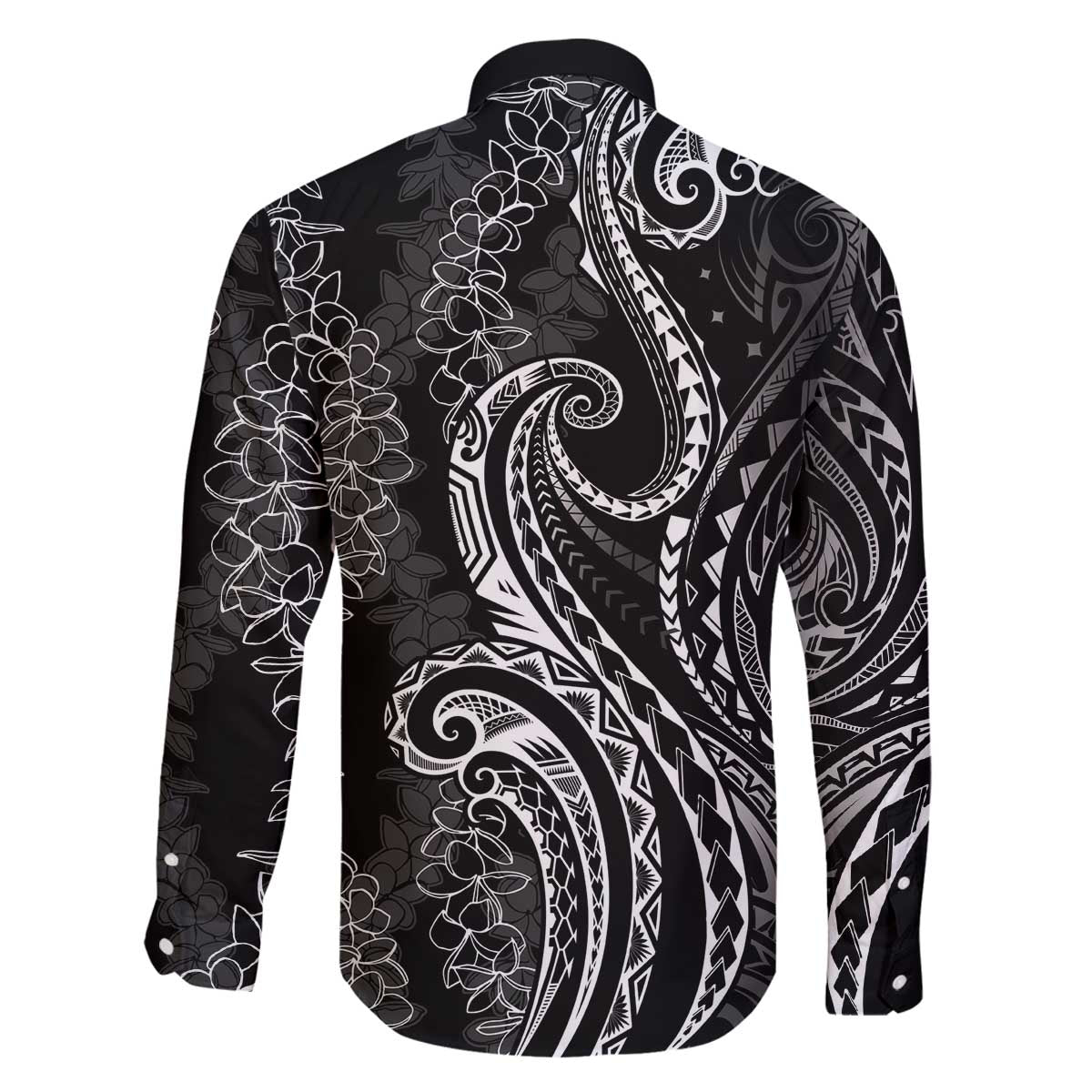 Polynesia Plumeria Lei Family Matching Off The Shoulder Long Sleeve Dress and Hawaiian Shirt Black Curves Motif LT7 - Polynesian Pride