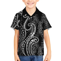 Polynesia Plumeria Lei Family Matching Off The Shoulder Long Sleeve Dress and Hawaiian Shirt Black Curves Motif LT7 Son's Shirt Black - Polynesian Pride