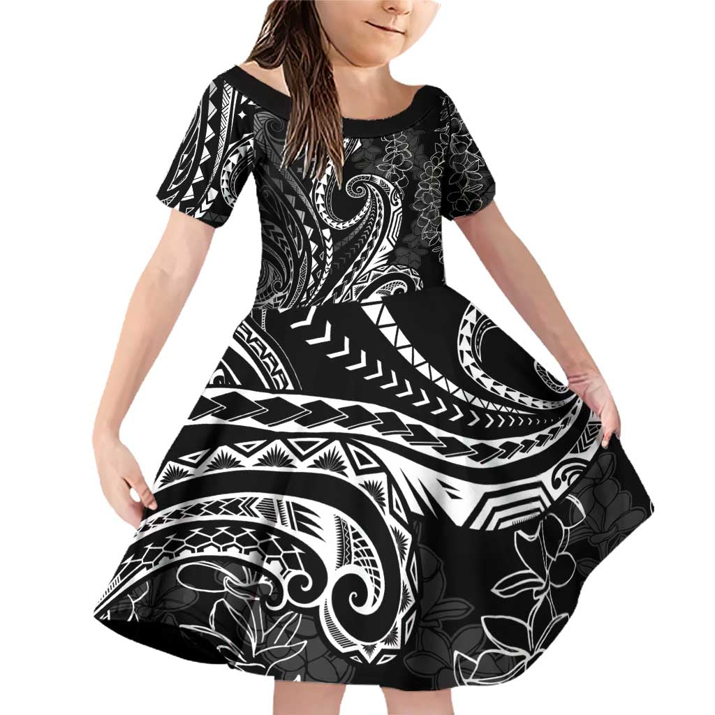 Polynesia Plumeria Lei Family Matching Off Shoulder Short Dress and Hawaiian Shirt Black Curves Motif LT7 Daughter's Dress Black - Polynesian Pride