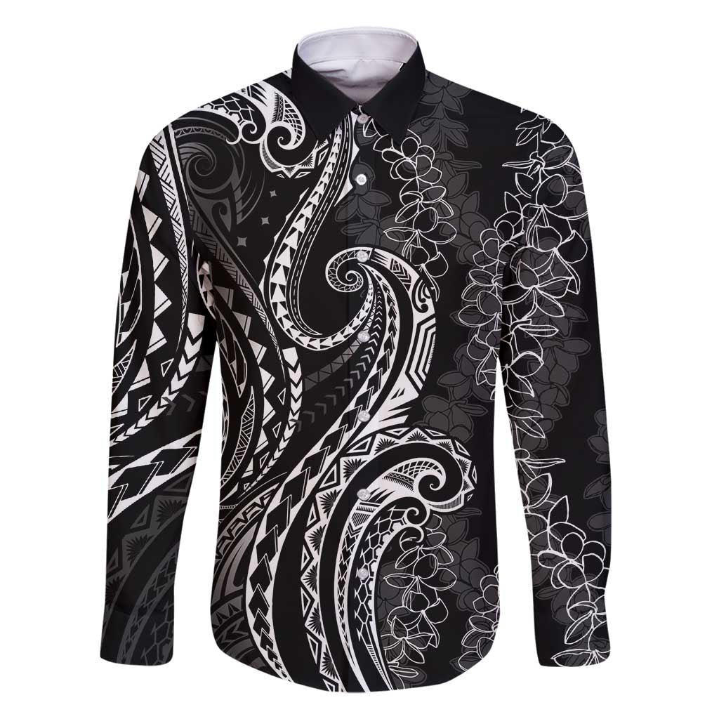Polynesia Plumeria Lei Family Matching Off Shoulder Short Dress and Hawaiian Shirt Black Curves Motif LT7 Dad's Shirt - Long Sleeve Black - Polynesian Pride