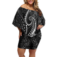Polynesia Plumeria Lei Family Matching Off Shoulder Short Dress and Hawaiian Shirt Black Curves Motif LT7 Mom's Dress Black - Polynesian Pride