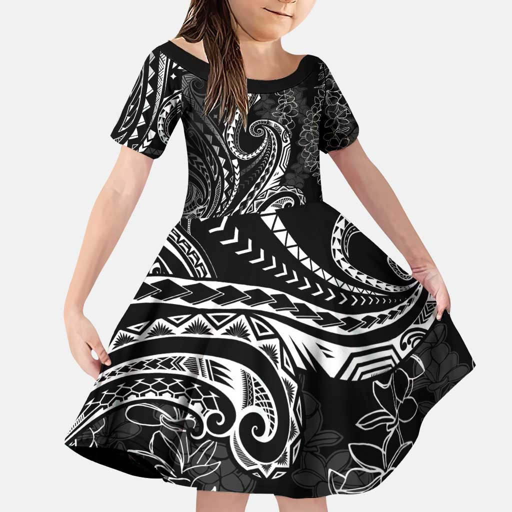 Polynesia Plumeria Lei Family Matching Puletasi and Hawaiian Shirt Black Curves Motif LT7 Daughter's Dress Black - Polynesian Pride
