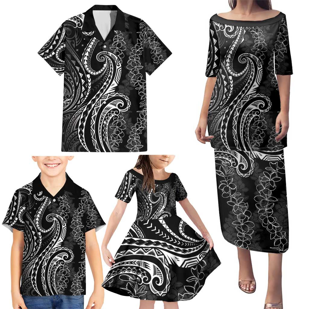 Polynesia Plumeria Lei Family Matching Puletasi and Hawaiian Shirt Black Curves Motif LT7 - Polynesian Pride