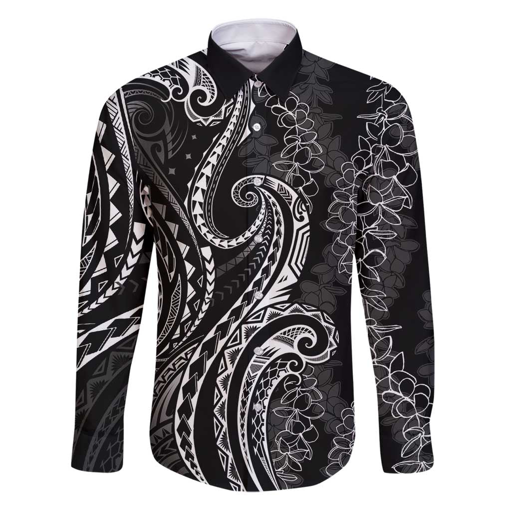 Polynesia Plumeria Lei Family Matching Puletasi and Hawaiian Shirt Black Curves Motif LT7 Dad's Shirt - Long Sleeve Black - Polynesian Pride