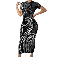 Polynesia Plumeria Lei Family Matching Short Sleeve Bodycon Dress and Hawaiian Shirt Black Curves Motif LT7 Mom's Dress Black - Polynesian Pride