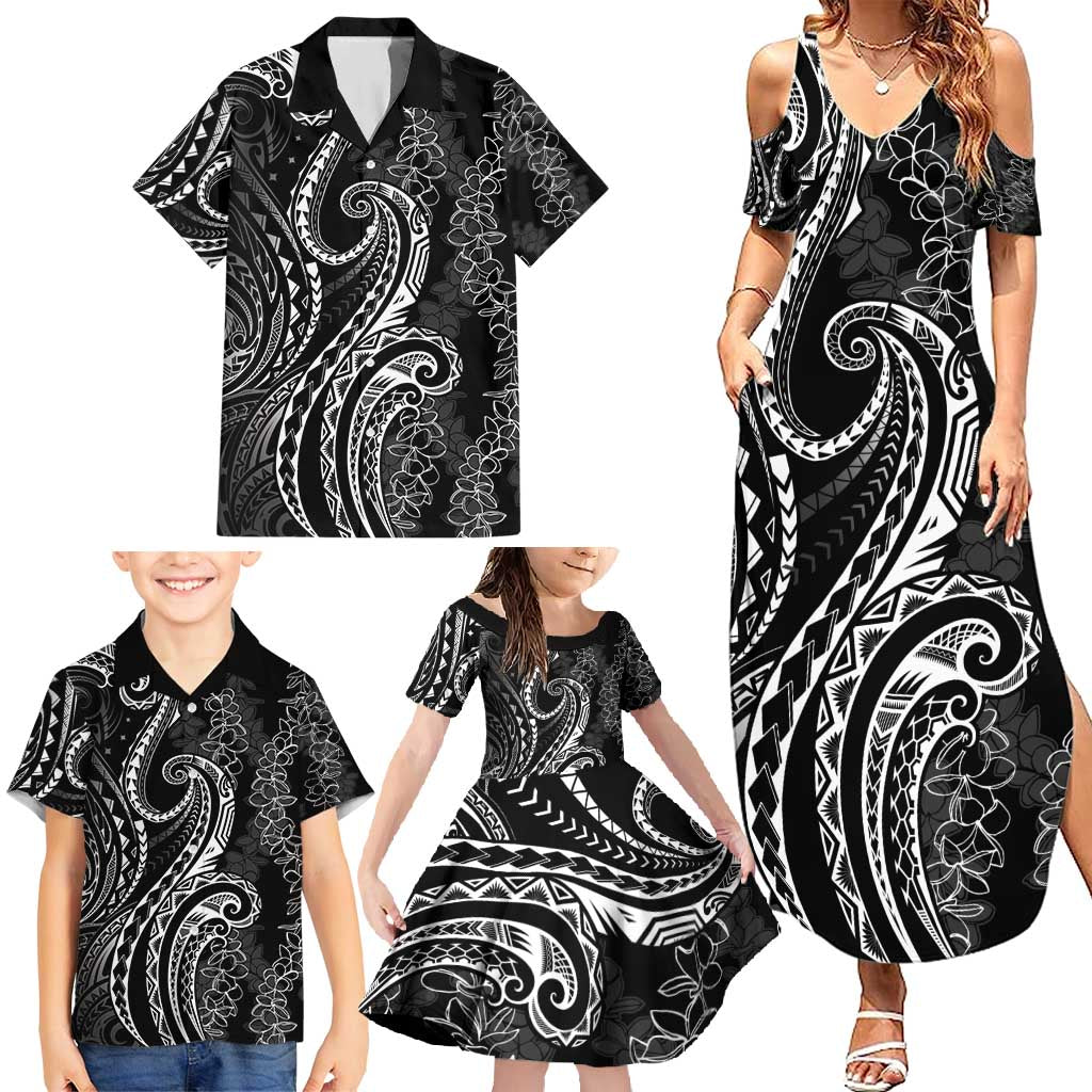 Polynesia Plumeria Lei Family Matching Summer Maxi Dress and Hawaiian Shirt Black Curves Motif LT7 - Polynesian Pride