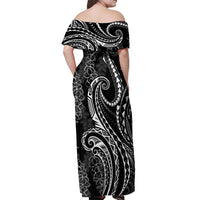 Polynesia Plumeria Lei Off Shoulder Maxi Dress Black Curves Motif LT7 - Polynesian Pride