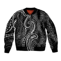 Polynesia Plumeria Lei Sleeve Zip Bomber Jacket Black Curves Motif