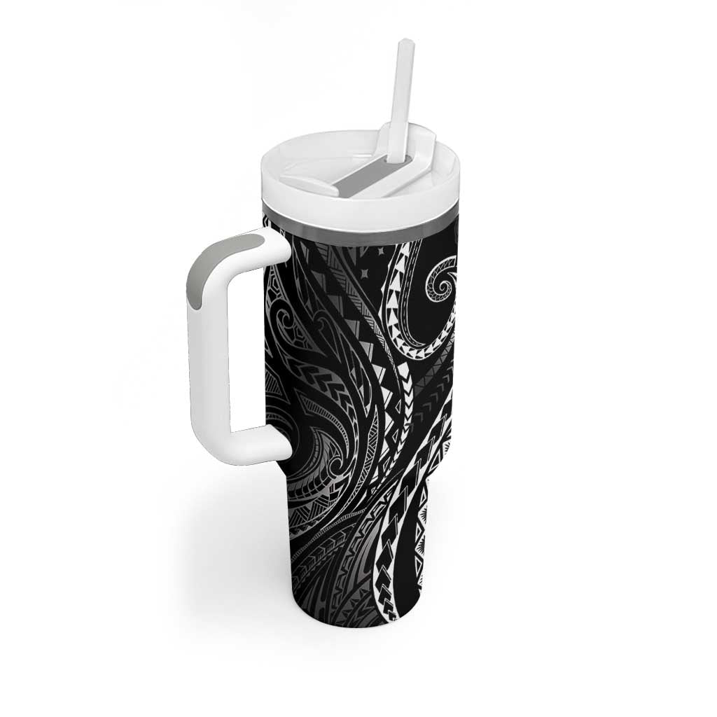 Polynesia Plumeria Lei Tumbler With Handle Black Curves Motif LT7 - Polynesian Pride