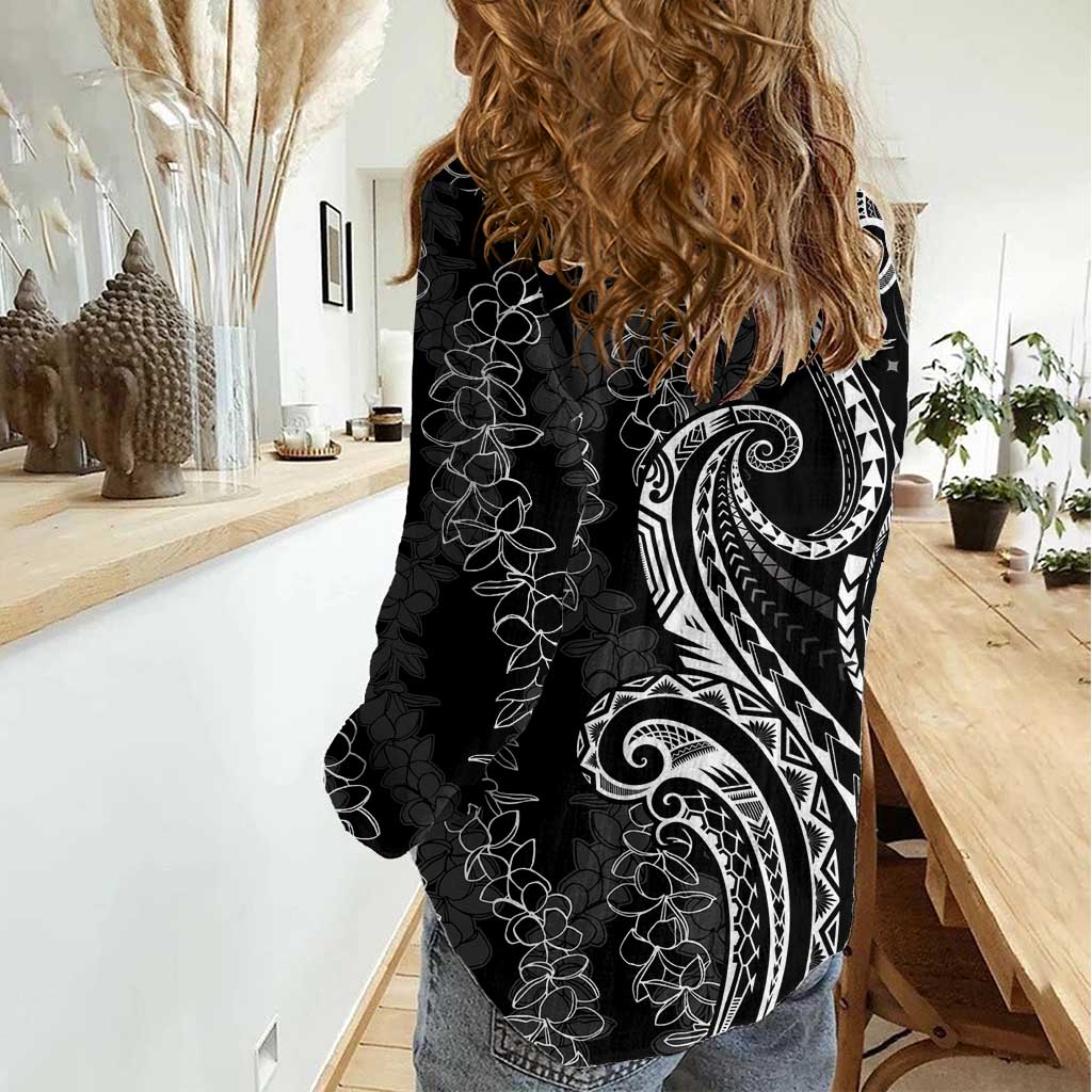 Polynesia Plumeria Lei Women Casual Shirt Black Curves Motif