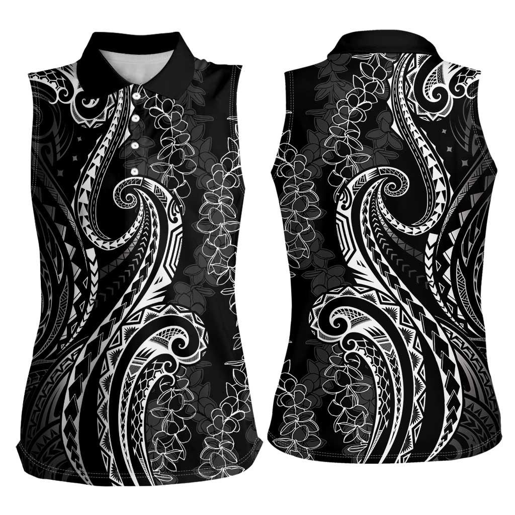 Polynesia Plumeria Lei Women Sleeveless Polo Shirt Black Curves Motif