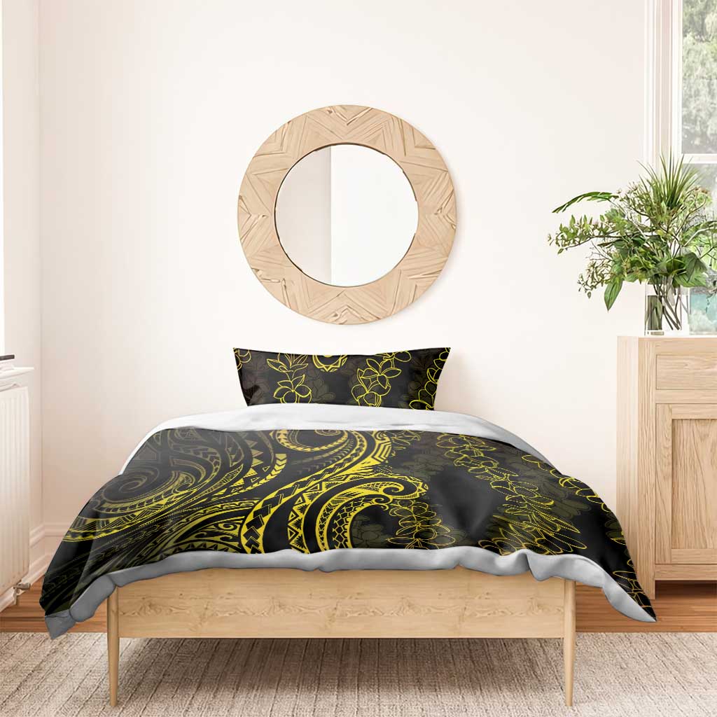 Polynesia Plumeria Lei Bedding Set Black Gold Curves Motif