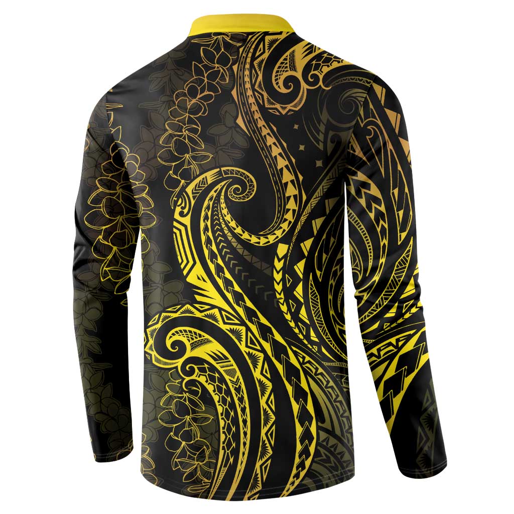 Polynesia Plumeria Lei Button Sweatshirt Black Gold Curves Motif