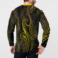Polynesia Plumeria Lei Button Sweatshirt Black Gold Curves Motif