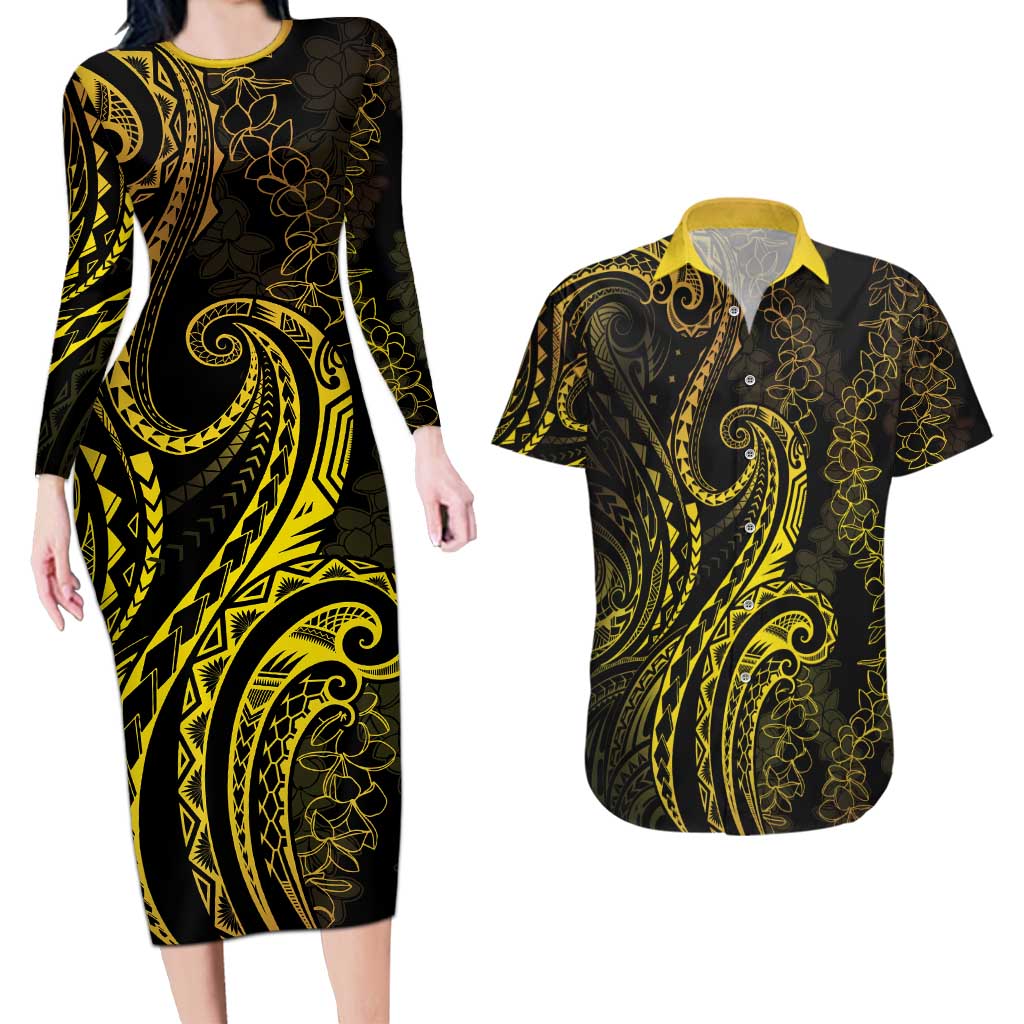 Polynesia Plumeria Lei Couples Matching Long Sleeve Bodycon Dress and Hawaiian Shirt Black Gold Curves Motif LT7 Gold - Polynesian Pride