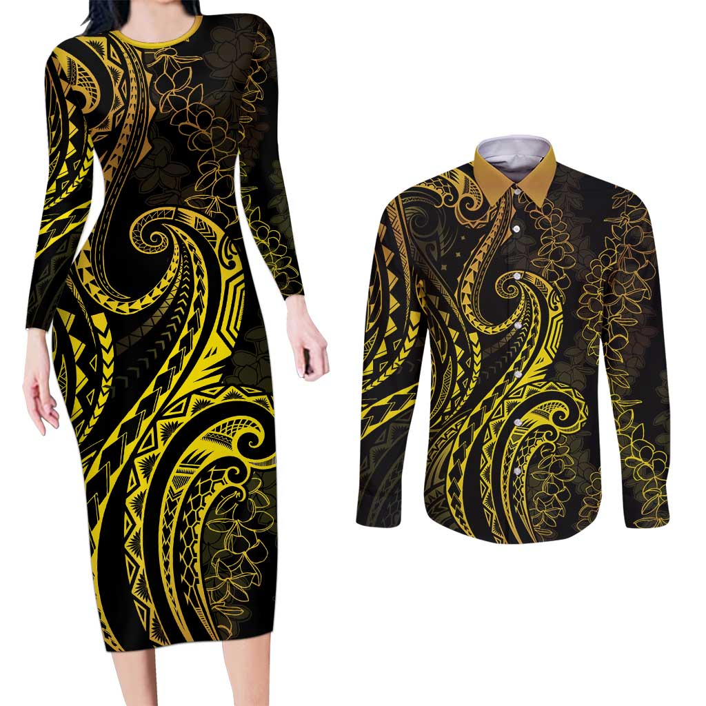 Polynesia Plumeria Lei Couples Matching Long Sleeve Bodycon Dress and Long Sleeve Button Shirt Black Gold Curves Motif LT7 Gold - Polynesian Pride